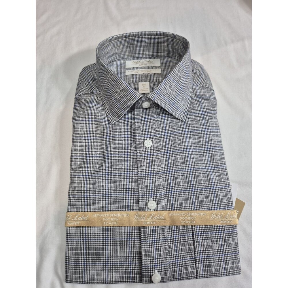 Roundtree Yorke Gold Label Shirt Size 15.5 33 Black Multi Slim Fit Plaid (04)